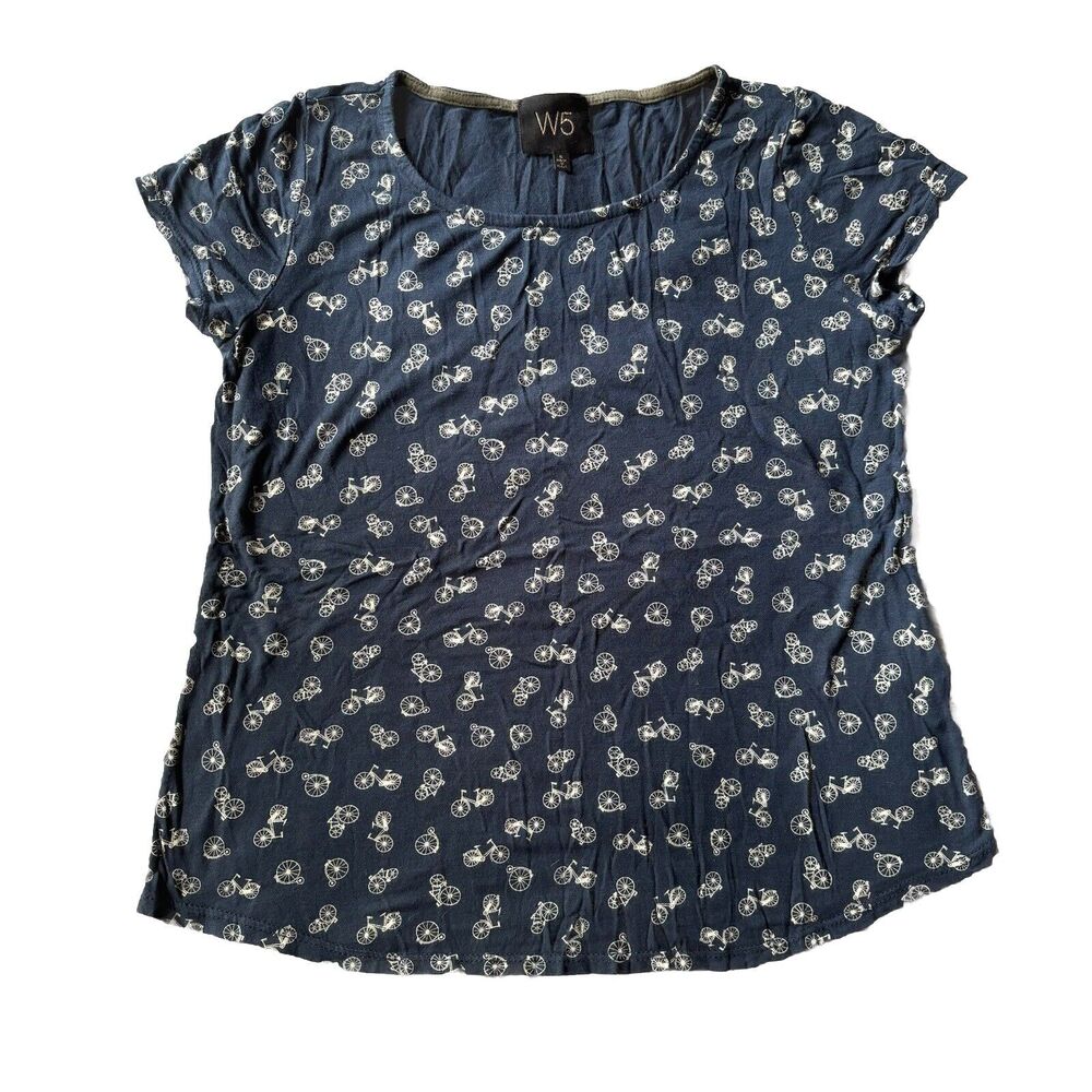 Anthropologie W5 T Shirt Sz M Navy Blue Bicycle Print Shortsleeve Summer Cute